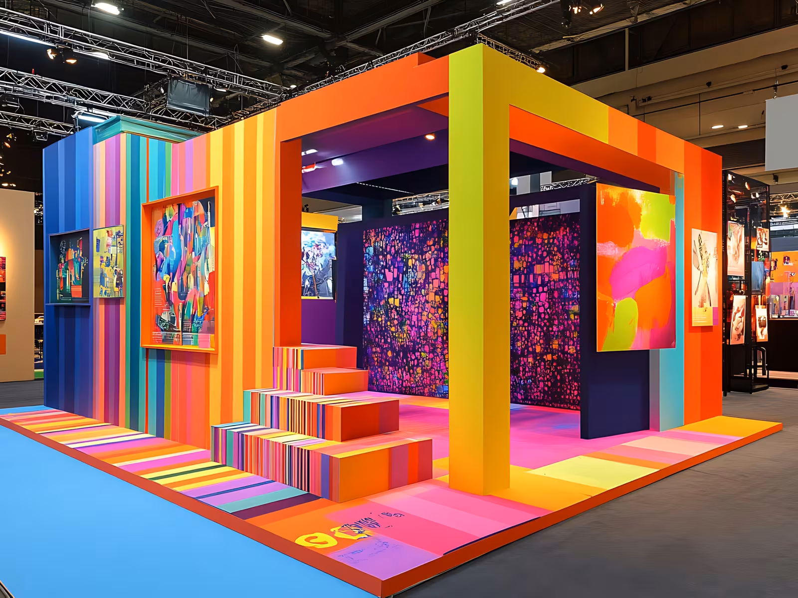 Vividly colorful striped exhibition stand with abstract art panels, built by New Royal Advertising