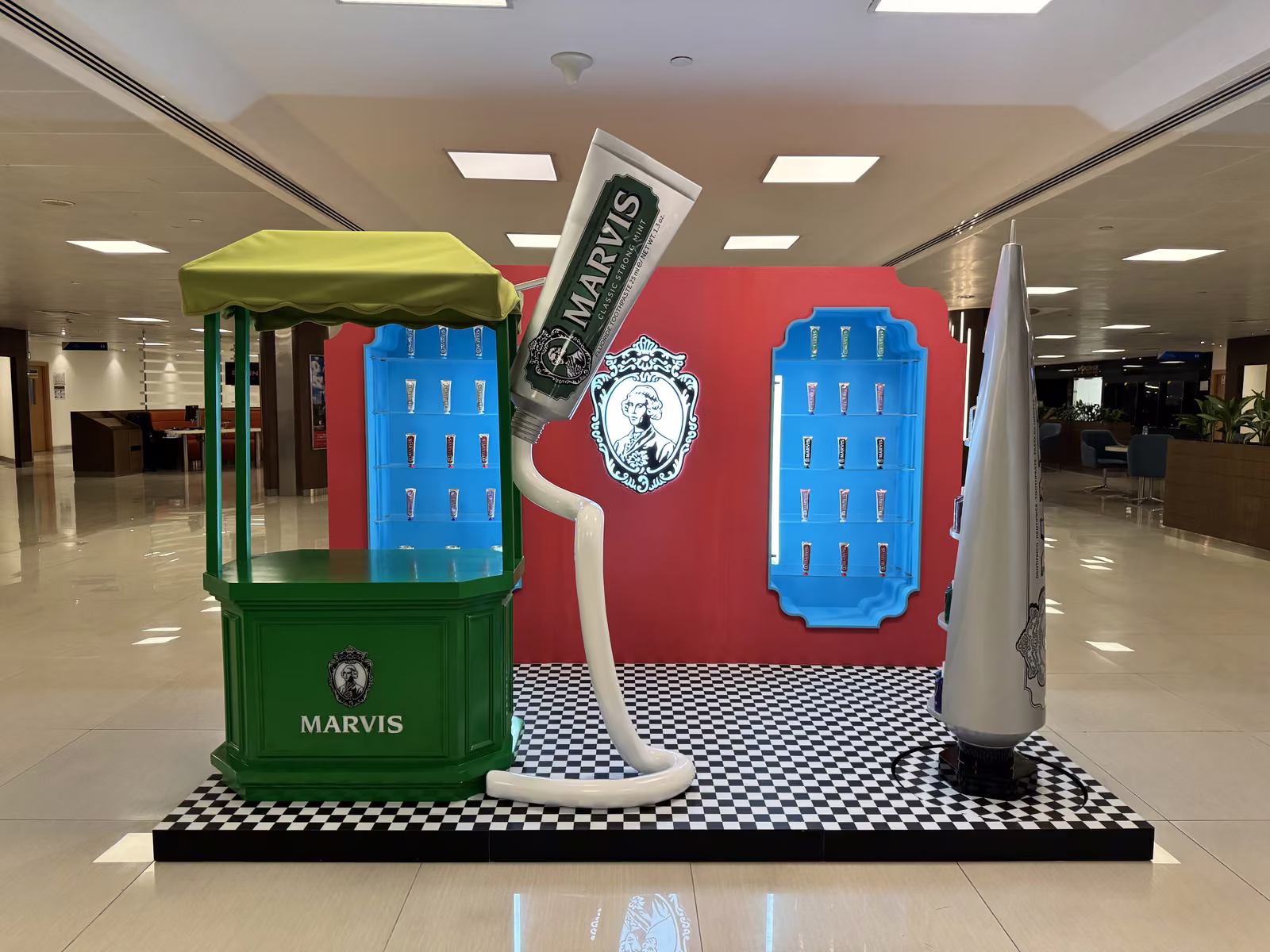 Marvis duty-free kiosk with toothpaste tube sculpture built by New Royal Advertising